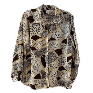 Vintage Bon Worth long sleeve button down unisex collar shirt animal, gold chain
